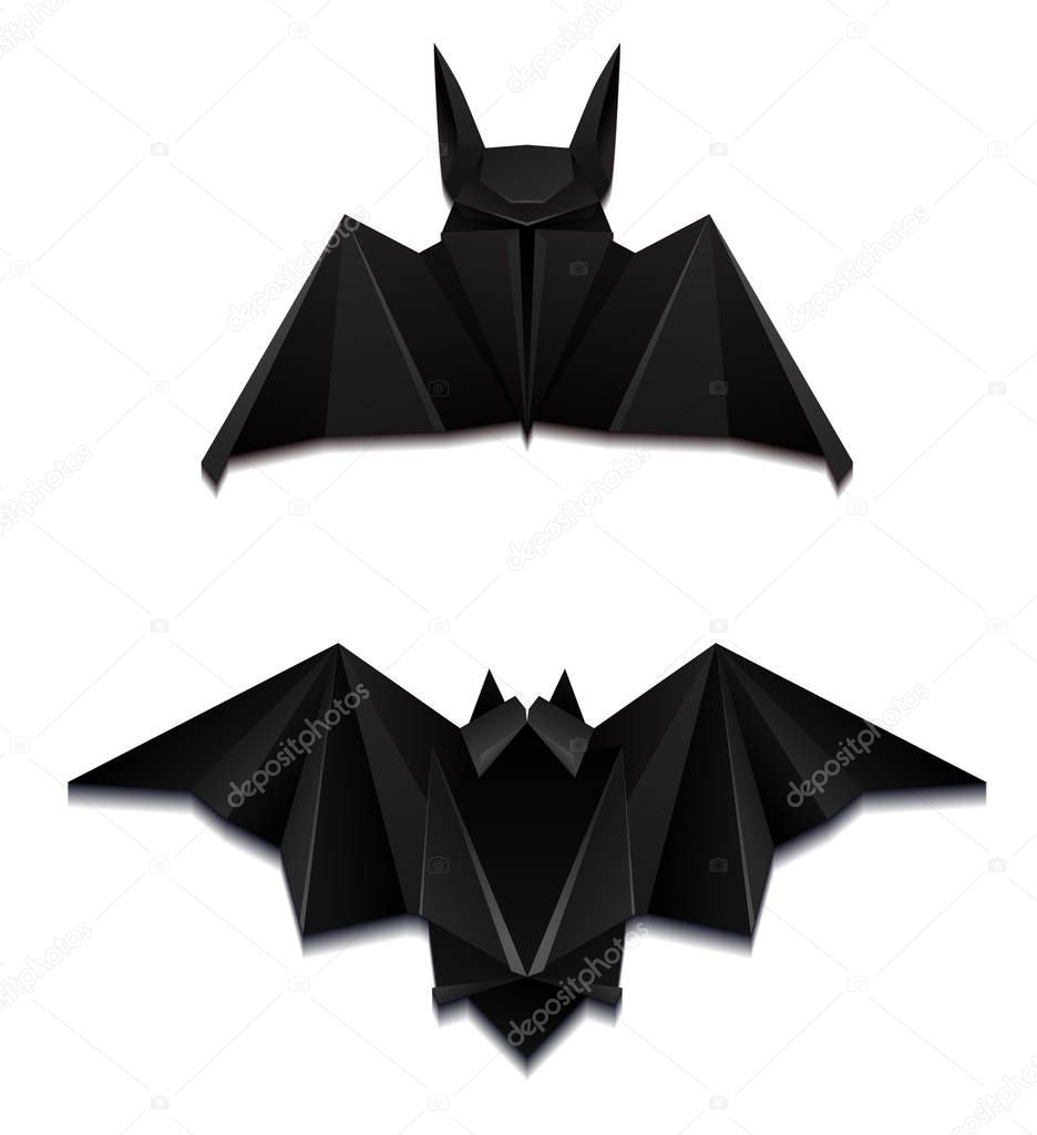 Set of black paper origami bats. 3D object separately from the background. Craft Zoo. Halloween holiday. Vector element for cards, invitations, cards and your creativity.