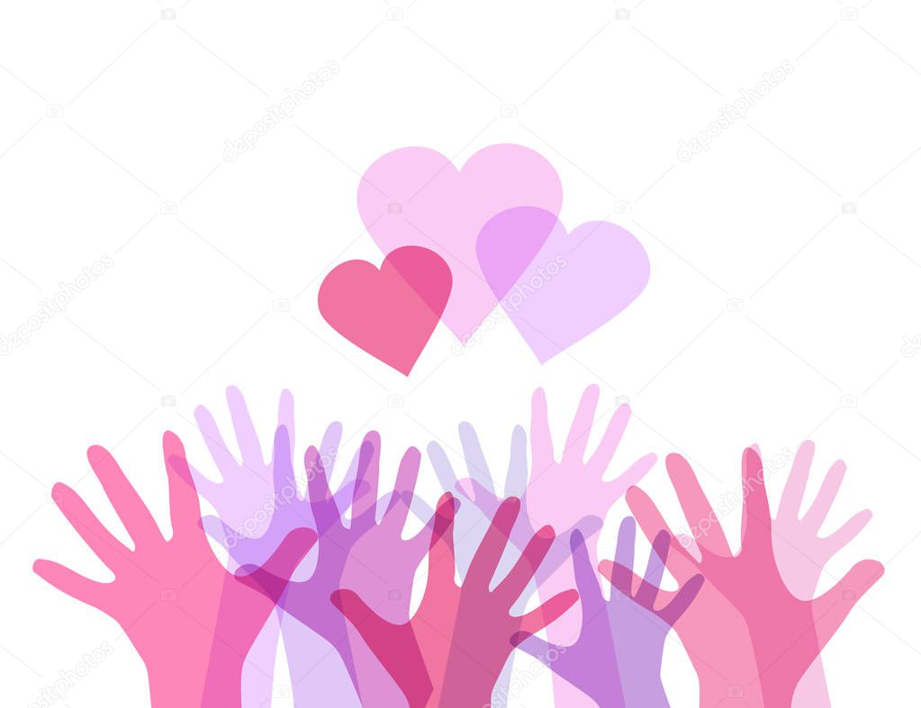 Gentle illustration of color transparent human hands with hearts. International day of friendship and kindness. The unity of people. Vector element