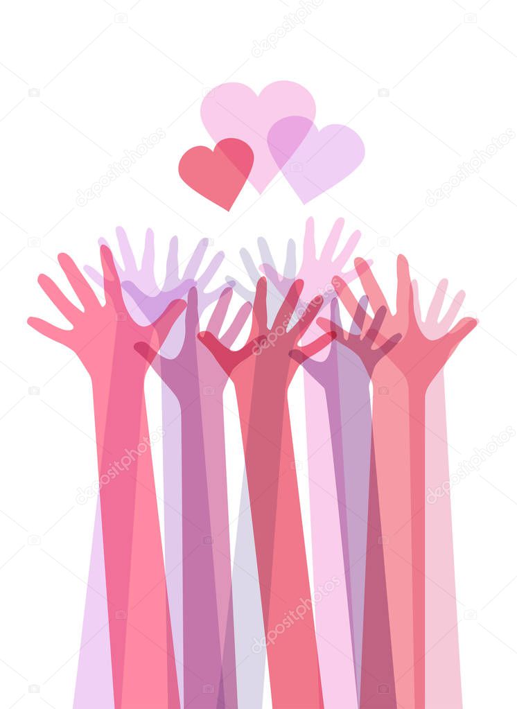 Vertical illustration of color transparent human hands with hearts. International day of friendship and kindness. The unity of people. Vector element