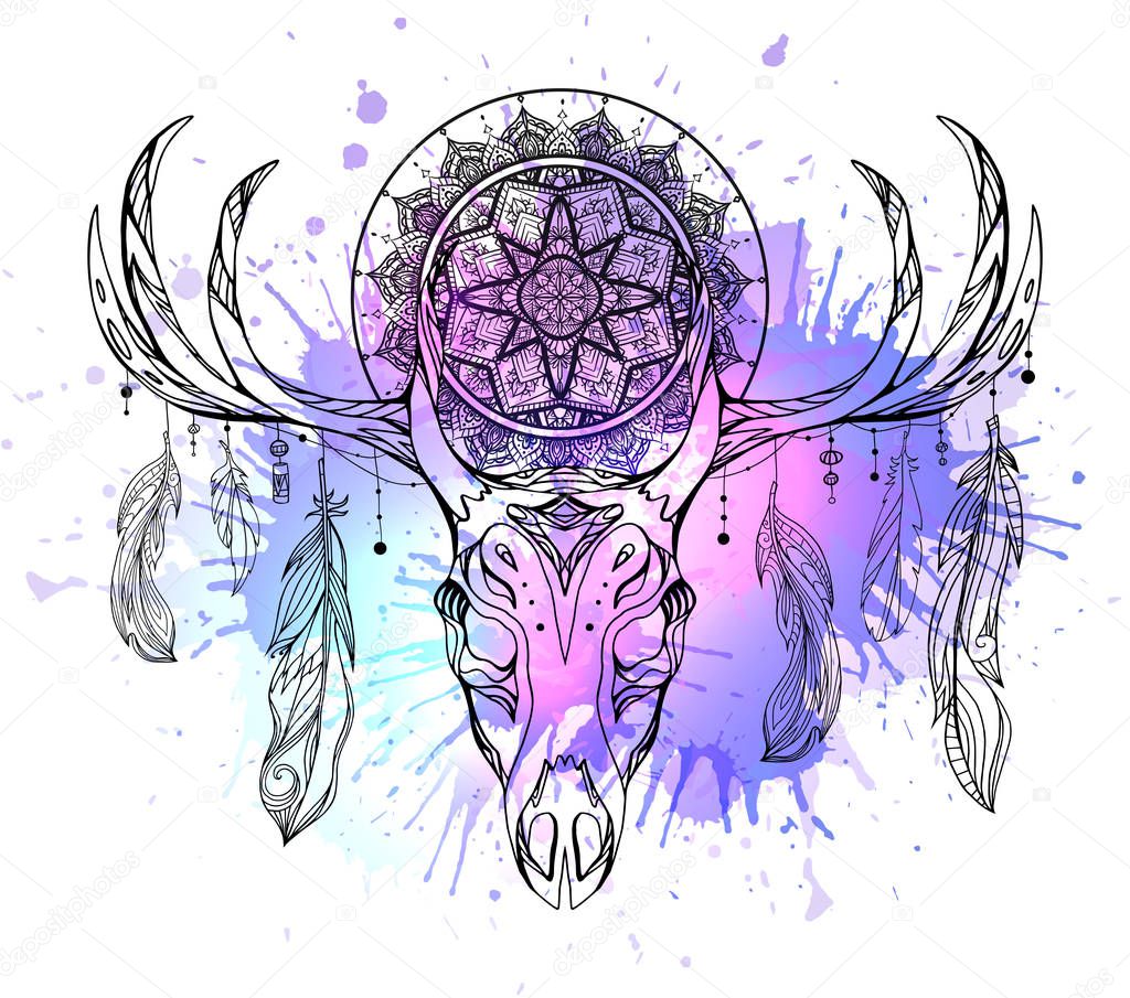 Mystical illustration of deer skull with feathers, mandala and neon watercolor stains. The object is separate from background. Vector boho image