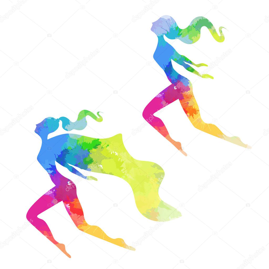 Set of silhouettes of women superheroes with rainbow watercolor stains. The rights of women and lesbians. Female power and independence. Vector object for cards, banners and your design.
