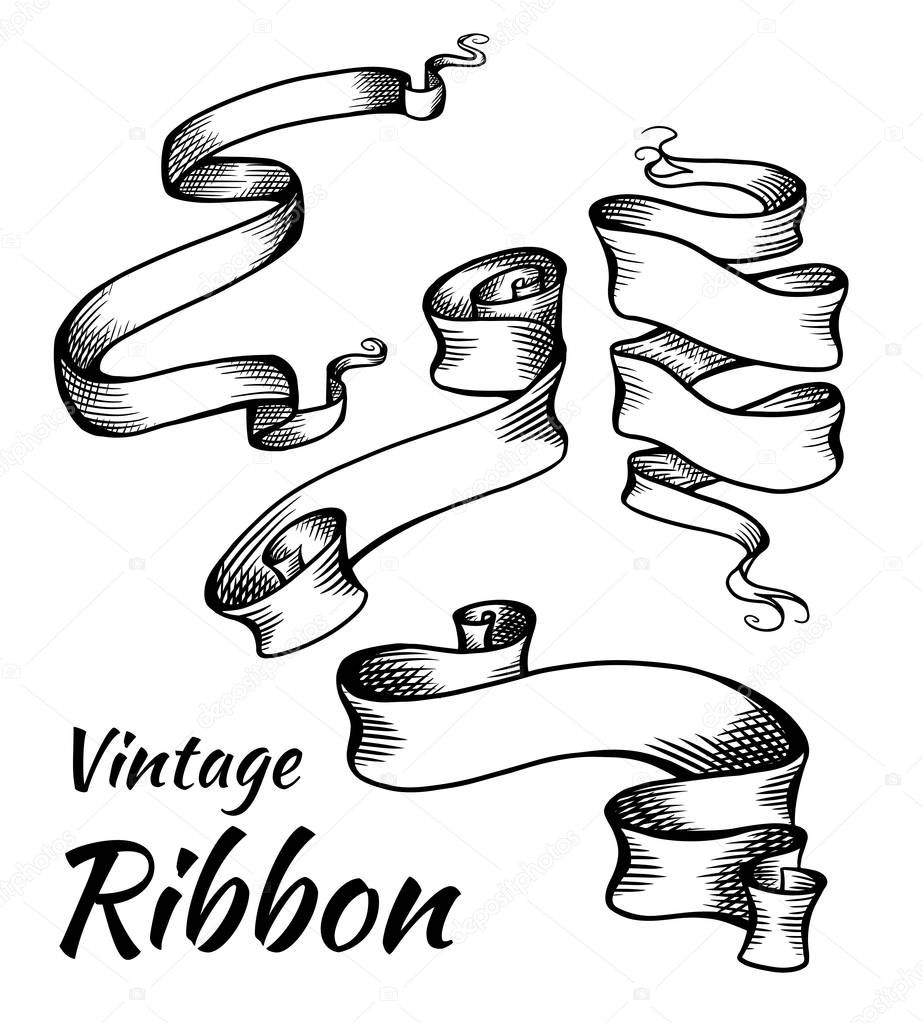 Set of vintage black and white ribbons with a hatch. Parchment scrolls. The object is separate from the background. Vector template