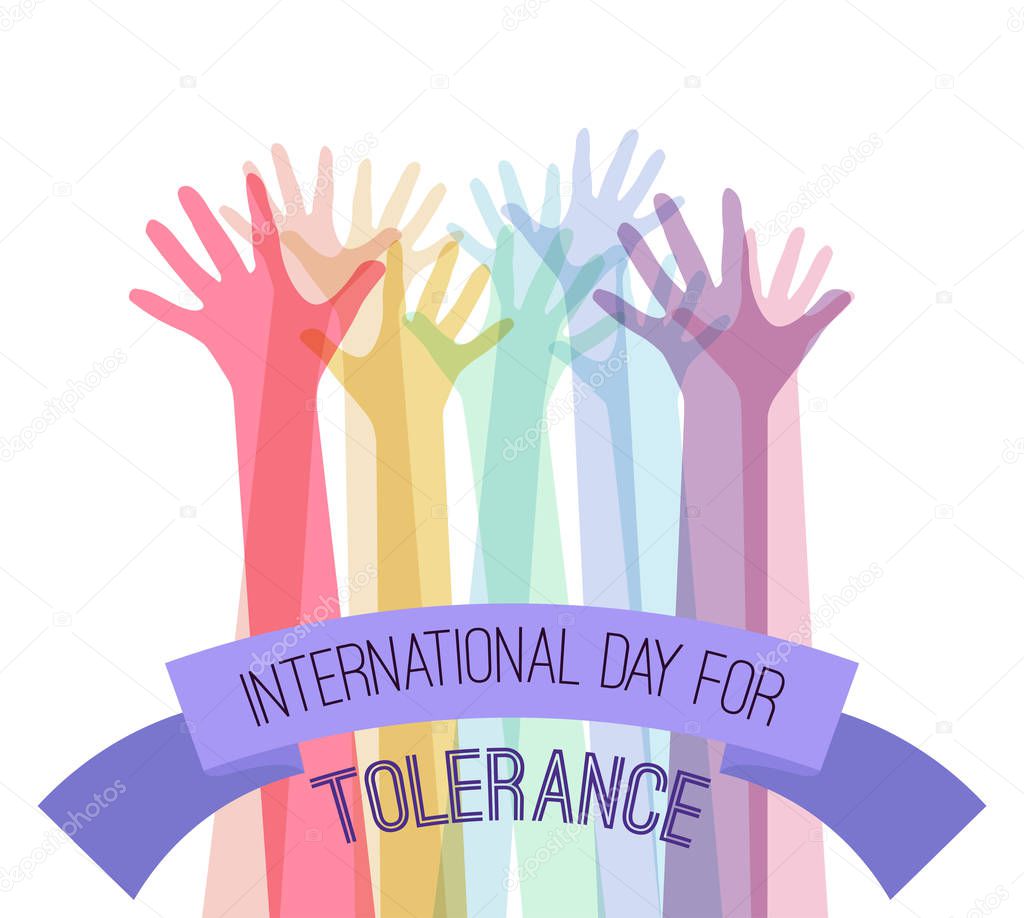 International Day of Tolerance. Rainbow hands up with a greeting ribbon on white background. Commonwealth and unity. Acceptance of all. Vector element
