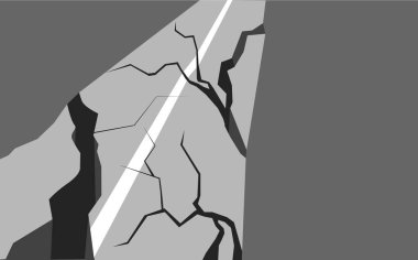 Deprem hasarlı bir yolun düz bir temsili. Bir parçayı böler