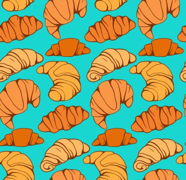 B turkuazında kruvasan ve çörekler olan kusursuz bir desen.