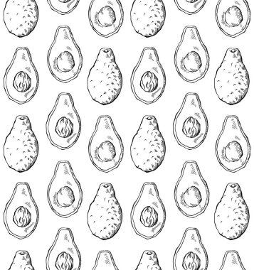 Beyaz arkaplanda avokado çizimi olan kusursuz desen.