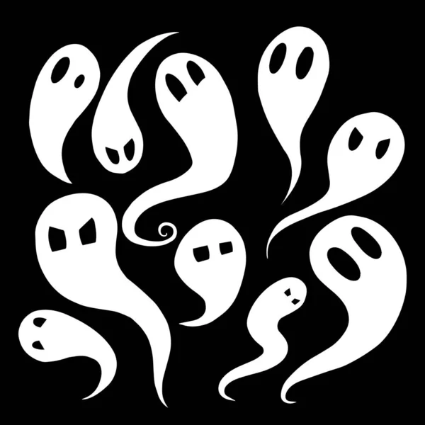 Conjunto de fantasmas de dibujos animados blancos con emociones sobre fondo negro. S — Vector de stock