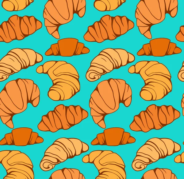 Naadloos patroon met cartoon croissants en broodjes op turquoise b — Stockvector