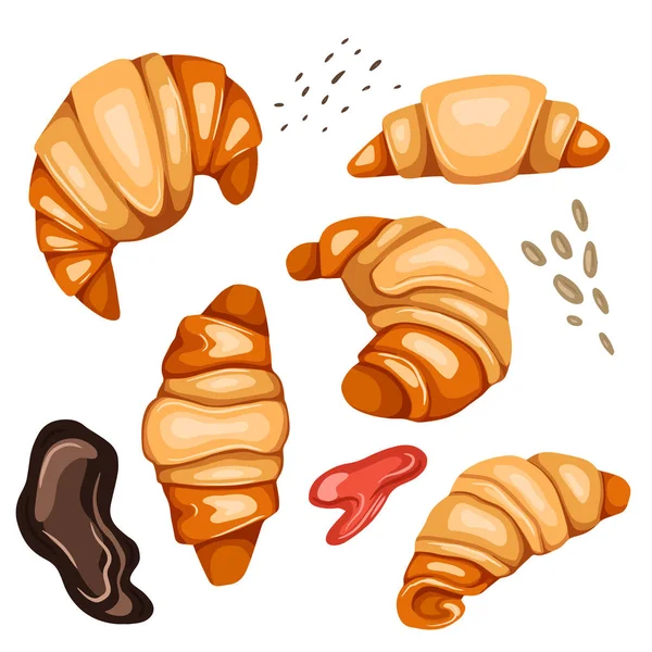 Set of cartoon croissants and various types of topping. Nut, ses — Stock Vector