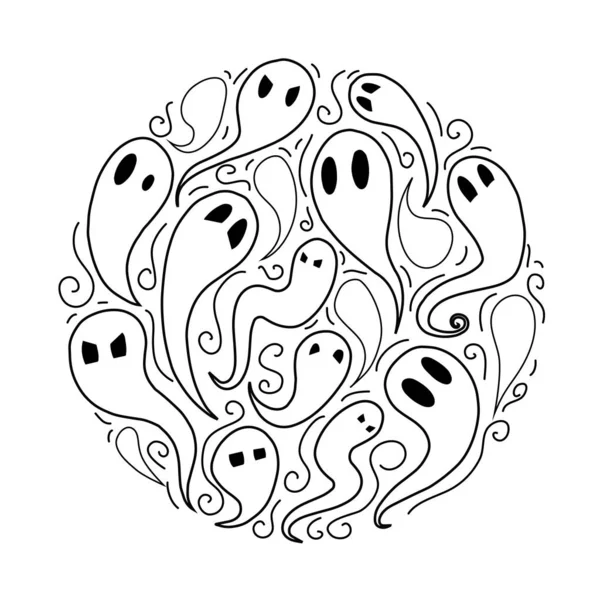 Набор очертаний мультяшных призраков с эмоциями в кругу. Doodle Sp — стоковый вектор