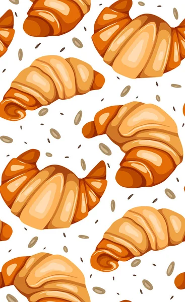 Naadloos patroon met cartoon croissants, noten en sesam. Frenc — Stockvector