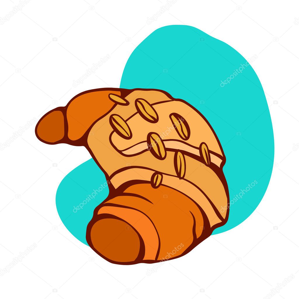 Doodle croissant illustration with sprinkling with nuts. Side vi