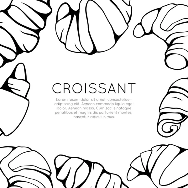 Square card with outline croissants and place for text. Banner w — ストックベクタ