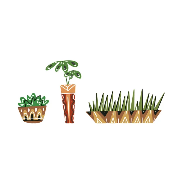 Set van kleurrijke platte huisbomen in potten met decoraties. Gras — Stockvector