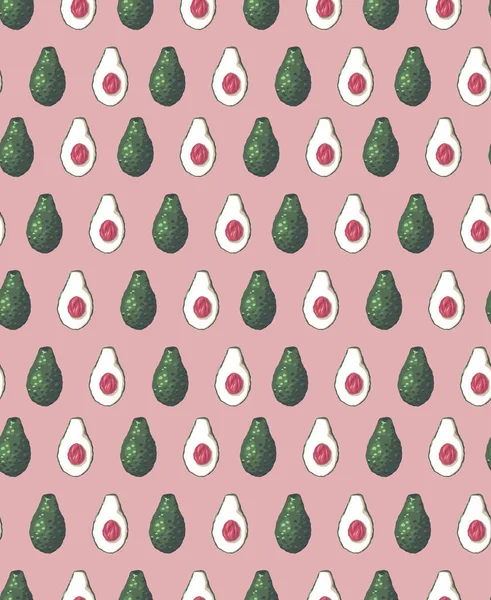 Seamless pattern with avocado halves in row on pink background. — Stock Vector