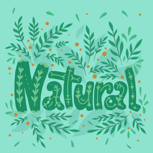 Natural. Lettering with doodle pattern, decoration on leaves, br — Stock Vector