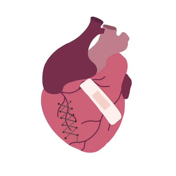 Ilustración plana de corazón realista enfermo con costura y parche. Yo. — Vector de stock