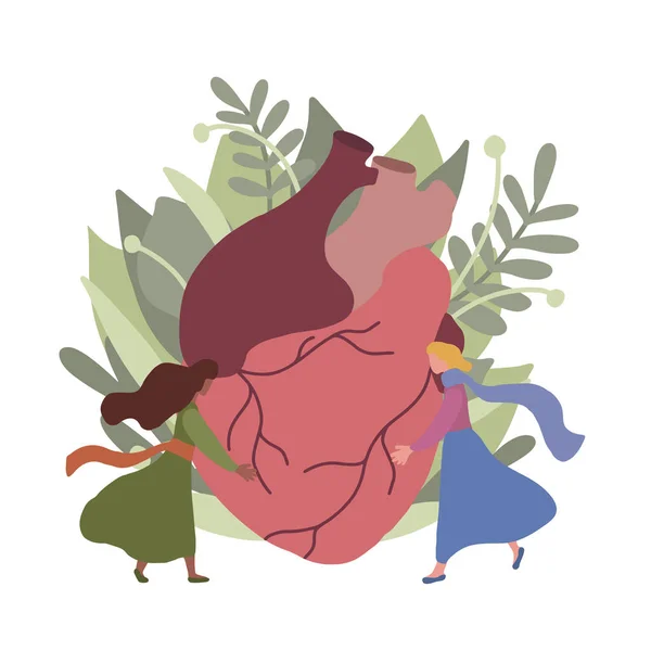 Płaska ilustracja realistycznego serca z liśćmi, liśćmi i cm — Wektor stockowy
