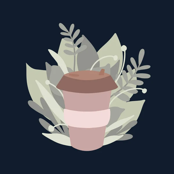 Xícara de bambu para café ou chá com folhas verdes. Zero resíduos — Vetor de Stock