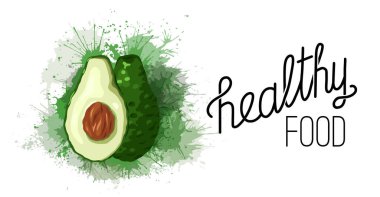 Sağlıklı yiyecekler. Yeşil suluboya sıçramalı ve harfli çizgi film avokadosu. Keto diyeti ve guacamole karışımı. Menüler, makaleler, kartlar ve tasarımınız için vektör yatay kartı.