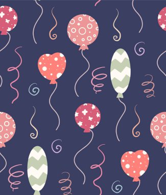 Kusursuz şenlikli düz desenli, şablon şeklinde topları ve koyu arkaplanda yılanı var. Doğum günü çizgi film duvar kâğıdı. Kumaşlar için taşıyıcı bebek dokusu, ambalaj kağıdı ve yaratıcılığınız.