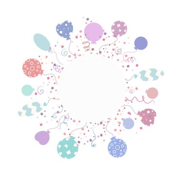 Yuvarlak çerçeve, düz el çizilmiş balonlar, yılan yağı, konfeti ve yazı için yer. Arkaplandan ayrı olarak vektör tatil nesnesi. Davetiyeler, kartlar ve tasarımınız için basit nazik şablon.