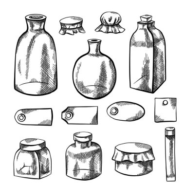 Cam şişeler, şişeler ve etiketler. Yumurtadan çıkan kalem çizimi. Doğal eczane. İlaçlar ve doğal kozmetikler için. Vektör ögesi arkaplandan ayrı olarak.