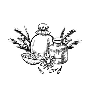 Doğal eczane. Şişenin, şişenin, çiçeğin, portakalın ve ardıcın çizimi. Sağlık ve ilaç servisi. Etiket, kart, pankart ve yaratıcılığınız için kabartma vektör nesneleri.