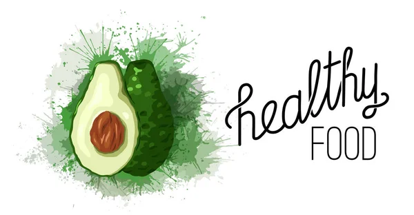 Gezond Eten Cartoon Avocado Met Groene Avocado Spatten Belettering Ingrediënt — Stockvector