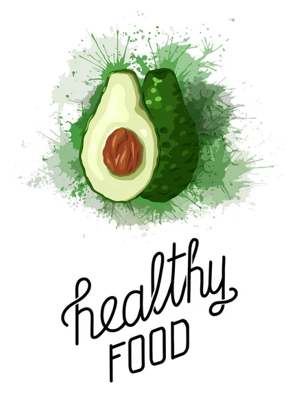 Gezond Eten Cartoon Avocado Met Groene Avocado Spatten Belettering Ingrediënt — Stockvector