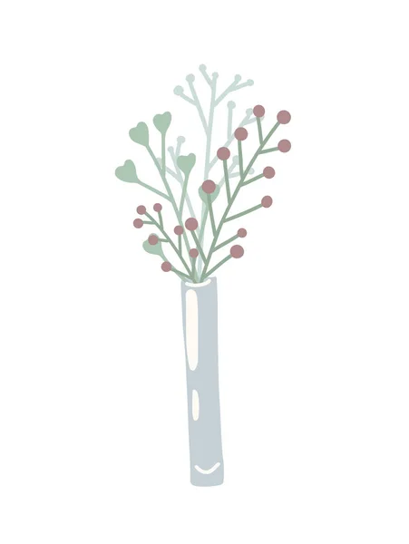 Vase Vertical Couleur Plate Avec Bouquet Herbes Branches Avec Baies — Image vectorielle