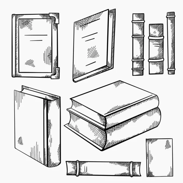 Set Sketches Various Old Books Shading Front Side View Notebooks — Stock Vector