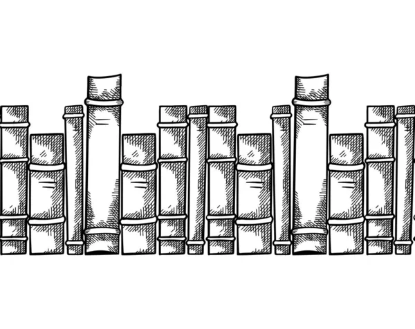 Seamless Border Books Hatching Engraving Bookshelf Knowledge Wisdom Element Library — Stock Vector