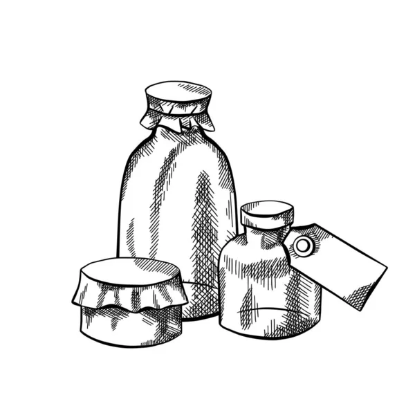 Farmacia Natural Boceto Ilustración Burbujas Botellas Latas Con Etiquetas Eclosión — Vector de stock