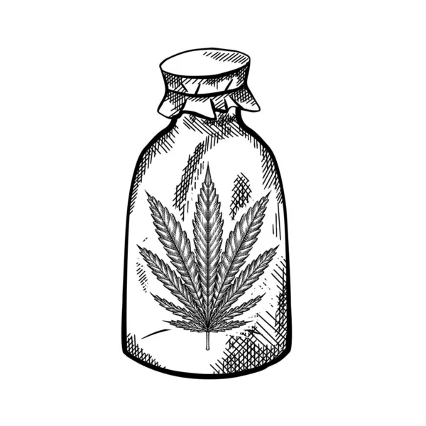 Medicina Herbal Natural Botella Vidrio Con Una Hoja Marihuana Boceto — Archivo Imágenes Vectoriales