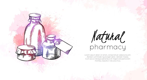Farmácia Natural Cartão Horizontal Com Desenho Néon Ilustração Frasco Para — Vetor de Stock
