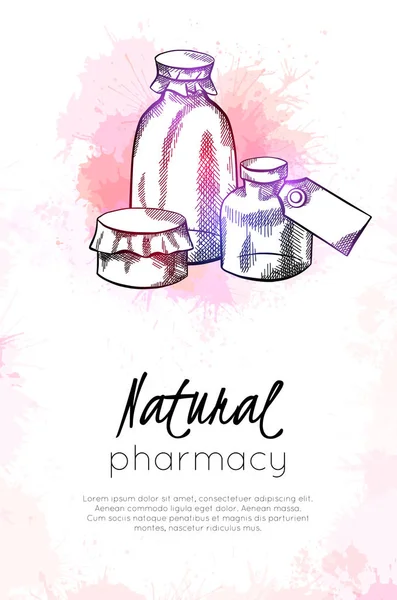 Farmacia Natural Tarjeta Vertical Con Dibujo Ilustración Neón Del Vial — Vector de stock