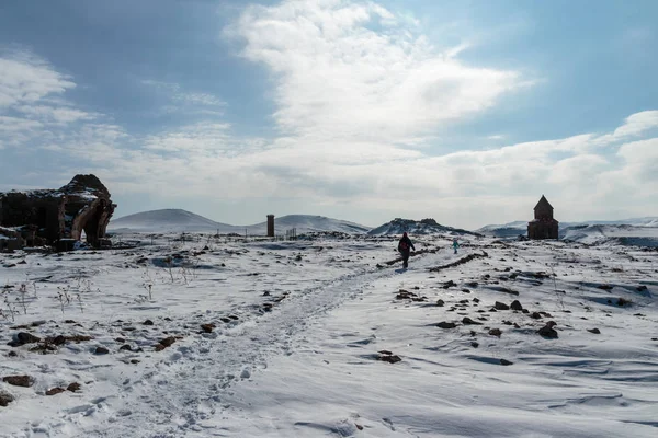Unesco Dünya Mirası listesinde Ani arkeolojik kalıntıları. Kars Türkiye, Şubat 2017. — Stok fotoğraf