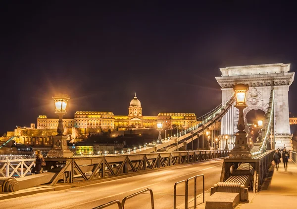 มุมมองกลางคืนของสะพานโซ่ Szechenyi เหนือแม่น้ําดานูบและพระราชวังหลวงในบูดาเปสต์ — ภาพถ่ายสต็อก