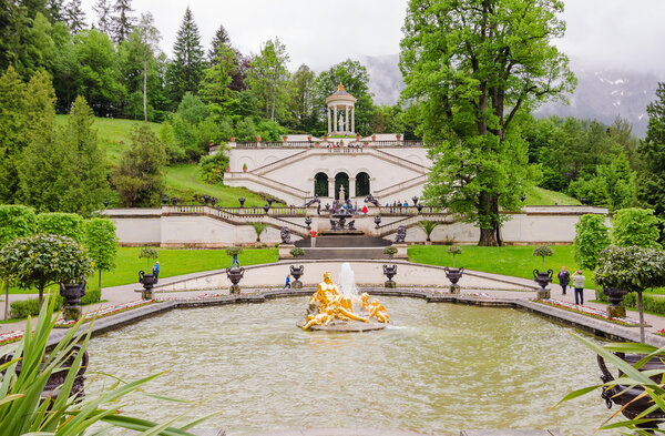 Linderhof Palace and fountain group Flora and puttos in Bavaria