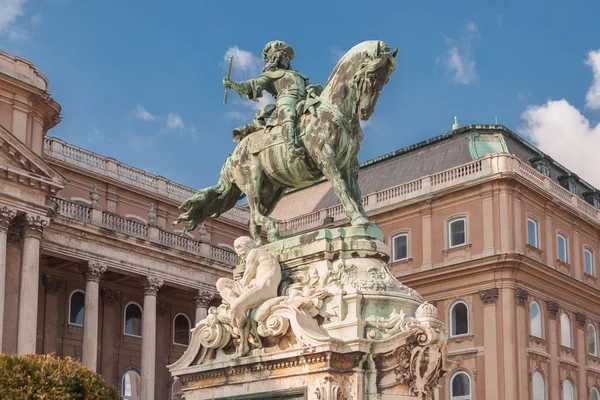 Operához előtt a történelmi királyi-palota, a Budai vár Savoyai lovas szobra — Stock Fotó
