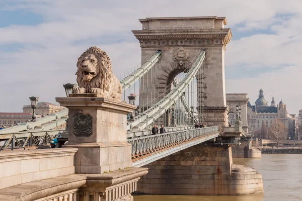 สะพานโซ่ Szechenyi บนแม่น้ําดานูบในบูดาเปสต์, ฮังการี — ภาพถ่ายสต็อก