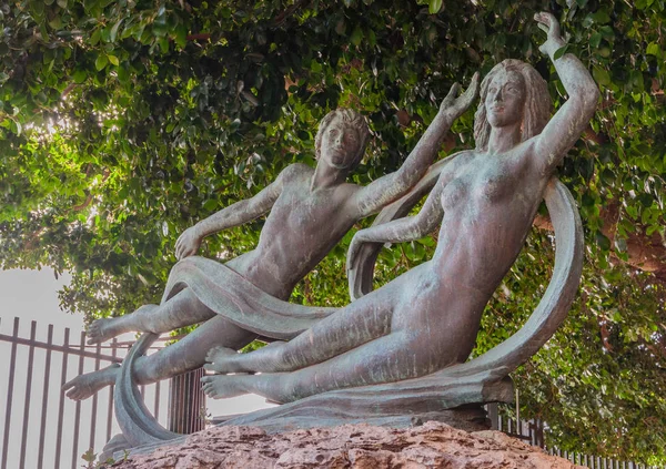 Beautiful bronze statue of Arethusa and Alpheus on the island of Ortygia in Syracuse, Sicily