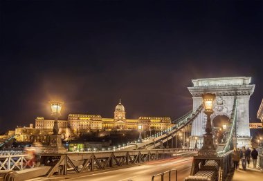 Night view of the Szechenyi Chain Bridge on the River Danube in Budapest clipart