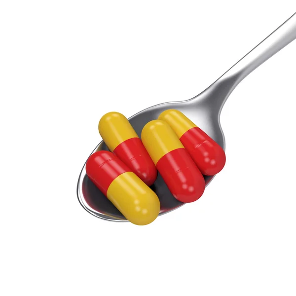 Pills capsule on spoon isolated on white background, 3D rendering — Stock Photo, Image