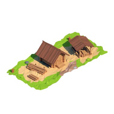 İzometrik düşük Poli kereste fabrikası, 3d render