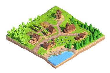İzometrik düşük Poli Köyü, 3d render 