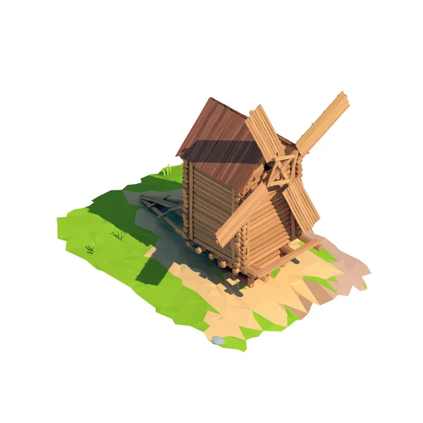 Isometrische Low-Poly-Windmühle, 3D-Rendering — Stockfoto