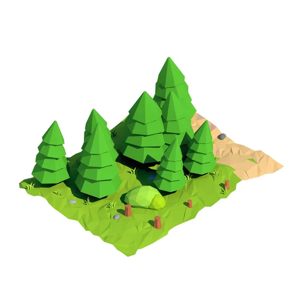 Árvore baixa isométrica do abeto do poli, renderização 3D — Fotografia de Stock