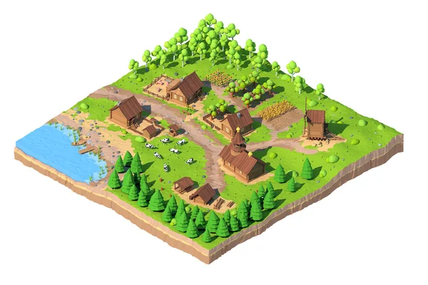 Isometrische laag poly dorp, 3D-rendering — Stockfoto